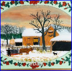 Vtg Reverse Glass Painting Folk Art J. F. Long Winter Farm Sunset 20 x 14