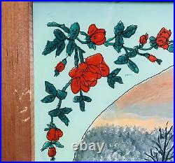 Vtg Reverse Glass Painting Folk Art J. F. Long Winter Farm Sunset 20 x 14