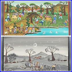 Vtg Roberto Benitez Mexican Folk Artist Day & Night Farm Scene Paintings 16x12