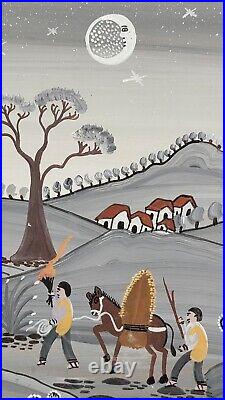 Vtg Roberto Benitez Mexican Folk Artist Day & Night Farm Scene Paintings 16x12