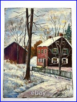 Vtg Snowy Farmhouse Winter Folk Art Painting Double Sided Red Covered Bridge