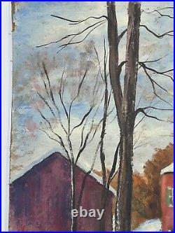 Vtg Snowy Farmhouse Winter Folk Art Painting Double Sided Red Covered Bridge