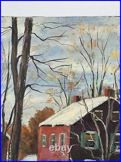 Vtg Snowy Farmhouse Winter Folk Art Painting Double Sided Red Covered Bridge