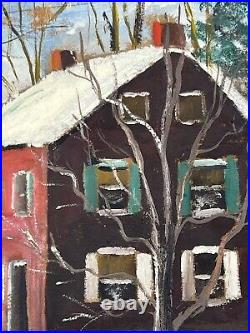 Vtg Snowy Farmhouse Winter Folk Art Painting Double Sided Red Covered Bridge