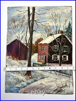 Vtg Snowy Farmhouse Winter Folk Art Painting Double Sided Red Covered Bridge