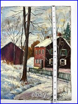 Vtg Snowy Farmhouse Winter Folk Art Painting Double Sided Red Covered Bridge