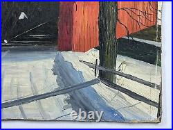 Vtg Snowy Farmhouse Winter Folk Art Painting Double Sided Red Covered Bridge