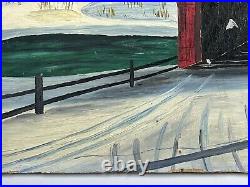 Vtg Snowy Farmhouse Winter Folk Art Painting Double Sided Red Covered Bridge