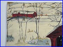 Vtg Snowy Farmhouse Winter Folk Art Painting Double Sided Red Covered Bridge