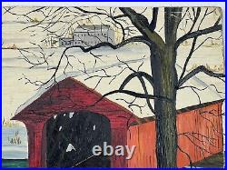 Vtg Snowy Farmhouse Winter Folk Art Painting Double Sided Red Covered Bridge