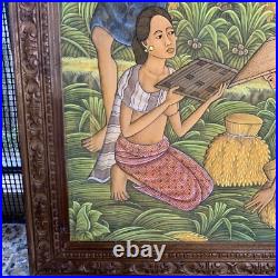 Vtg Suasa Lg Painting Ubid Bali Folk Art Master Tropical Farm Mountain READ 40