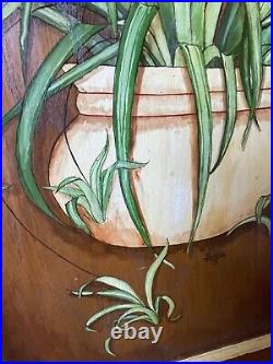 Vtg folk art painting on wood framed Spider plant botanical? 1978 Boho OOAK