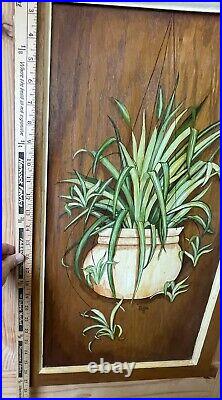 Vtg folk art painting on wood framed Spider plant botanical? 1978 Boho OOAK