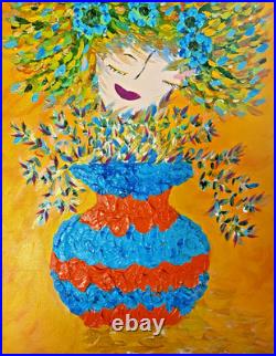 Wall Decor Textured Original Acrylic Painting Canvas Whimsical Folk Art 14 x 18