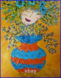 Wall Decor Textured Original Acrylic Painting Canvas Whimsical Folk Art 14 x 18