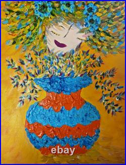 Wall Decor Textured Original Acrylic Painting Canvas Whimsical Folk Art 14 x 18