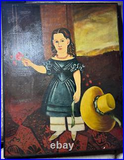 Wally Barnette (1943 2009) Folk Art Little Girl Portrait Oil Painting-Framed