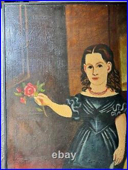 Wally Barnette (1943 2009) Folk Art Little Girl Portrait Oil Painting-Framed