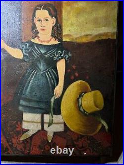 Wally Barnette (1943 2009) Folk Art Little Girl Portrait Oil Painting-Framed