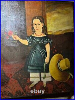 Wally Barnette (1943 2009) Folk Art Little Girl Portrait Oil Painting-Framed