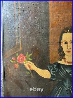 Wally Barnette (1943 2009) Folk Art Little Girl Portrait Oil Painting-Framed