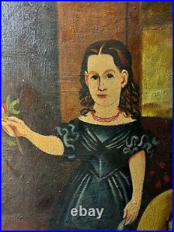 Wally Barnette (1943 2009) Folk Art Little Girl Portrait Oil Painting-Framed