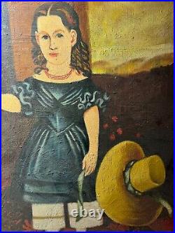 Wally Barnette (1943 2009) Folk Art Little Girl Portrait Oil Painting-Framed