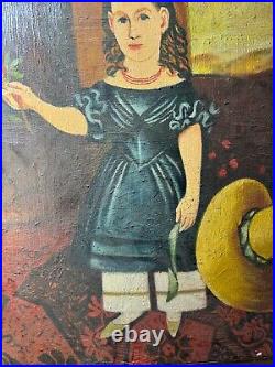 Wally Barnette (1943 2009) Folk Art Little Girl Portrait Oil Painting-Framed