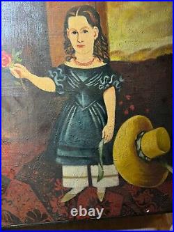 Wally Barnette (1943 2009) Folk Art Little Girl Portrait Oil Painting-Framed