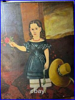 Wally Barnette (1943 2009) Folk Art Little Girl Portrait Oil Painting-Framed