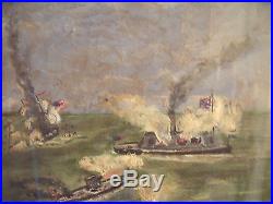 Welsh Signed American Folk Art CIVIL War Ship Battle Painting Walnut Frame