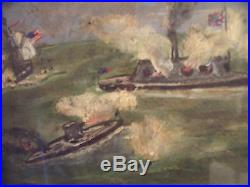 Welsh Signed American Folk Art CIVIL War Ship Battle Painting Walnut Frame