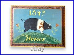 Wendy Presseisen Original Folk Art Black & White Hog / Pig Homer wood panel