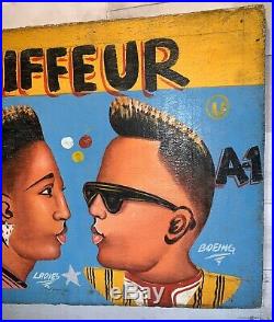 West African 1980s Folk Art Hand Painted Barber Shop Sign Ghana Barbershop Vtg