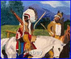 Western Folk Art Original Vintage Painting Armed Indians on Horseback DeLonzier
