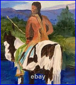 Western Folk Art Original Vintage Painting Armed Indians on Horseback DeLonzier