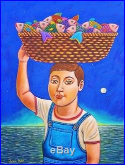 Whimsical Mexican Painting German Rubio Folk Art fisherman