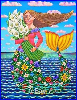 Whimsical Mexican Painting German Rubio Folk Art mermaid lilies