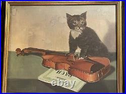 Whimsical Vintage Original Oil on Canvas Painting of a Cat with Violin