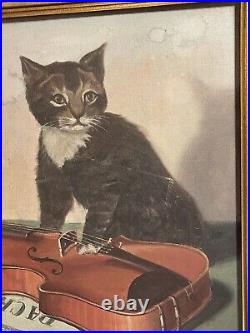 Whimsical Vintage Original Oil on Canvas Painting of a Cat with Violin