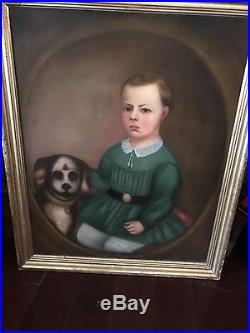 William Matthew Prior Boy & His Dog Antique American Folk Art Portrait Painting
