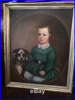 William Matthew Prior Boy & His Dog Antique American Folk Art Portrait Painting