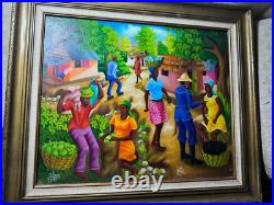 Wilner Cadet Haitian Folk Art Market Scene Oil Painting Signed And Framed