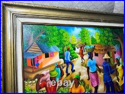 Wilner Cadet Haitian Folk Art Market Scene Oil Painting Signed And Framed