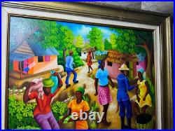 Wilner Cadet Haitian Folk Art Market Scene Oil Painting Signed And Framed