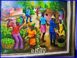 Wilner Cadet Haitian Folk Art Market Scene Oil Painting Signed And Framed