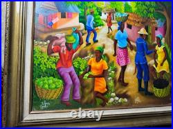 Wilner Cadet Haitian Folk Art Market Scene Oil Painting Signed And Framed