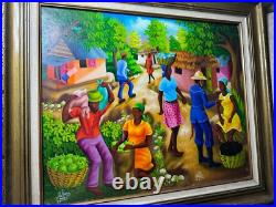 Wilner Cadet Haitian Folk Art Market Scene Oil Painting Signed And Framed
