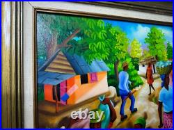 Wilner Cadet Haitian Folk Art Market Scene Oil Painting Signed And Framed