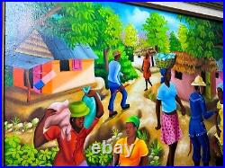 Wilner Cadet Haitian Folk Art Market Scene Oil Painting Signed And Framed